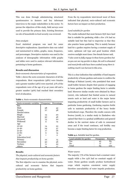 The role of home gardens in enhancing food security and sustainable livelihoods. A case study of Domboshava house hold gardens | IJAAR