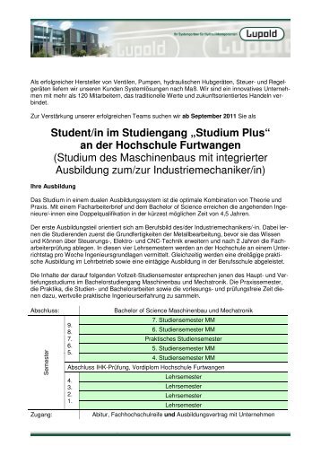 Handout Studium Plus - Andreas Lupold Hydrotechnik GmbH