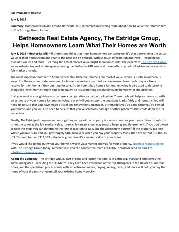 Bethesda Real Estate Agency, The Estridge Group, Helps Homeowners Learn What Their Homes are Worth