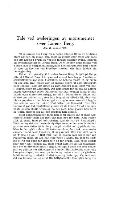 Tale ved avsløringen av monumentest over Lorens Berg 31.aug 1952