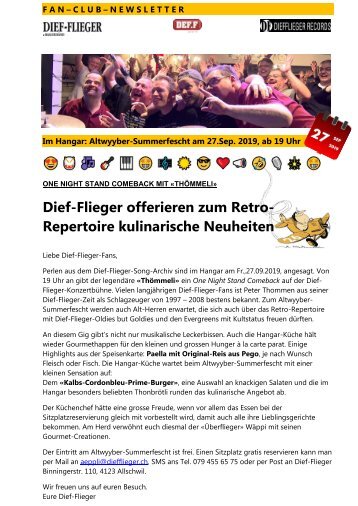 Dief-Flieger Altwyyber-Summerfescht mit Retro-Repertoire am Fr. 27.09.2019  von 19 Uhr an im Hangar