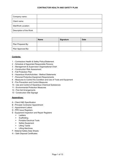 Appendix 7 Contractor Health and Safety Plan