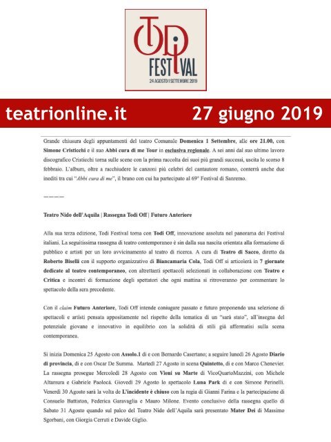 Rassegna Stampa Todi Festival 2019