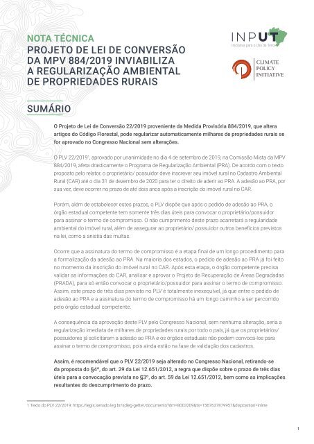 Projeto de Lei de Conversão da MP 884/2019 Inviabiliza a Regularização Ambiental de Propriedades Rurais