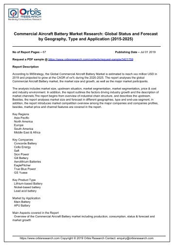 Commercial Aircraft Battery Market Research  Global Status and Forecast by Geography  Type and Application  2015-2025