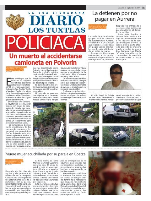 Edición de Diario Los Tuxtlas del día 09 de Septiembre de 2019