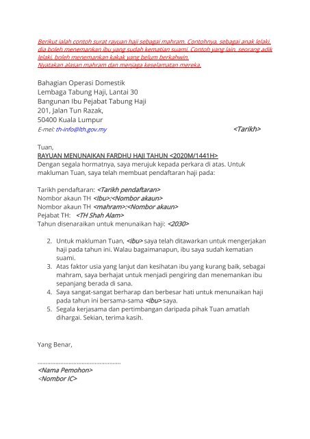 Surat Rayuan Kepada Tabung Haji - New Sample l