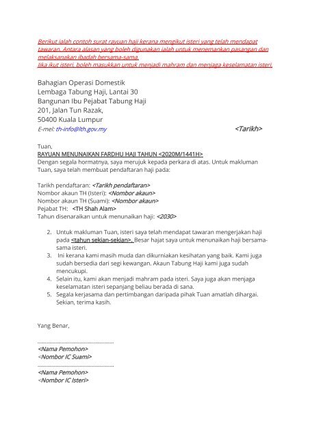 Contoh Surat Rayuan Haji Mengikut Isteri