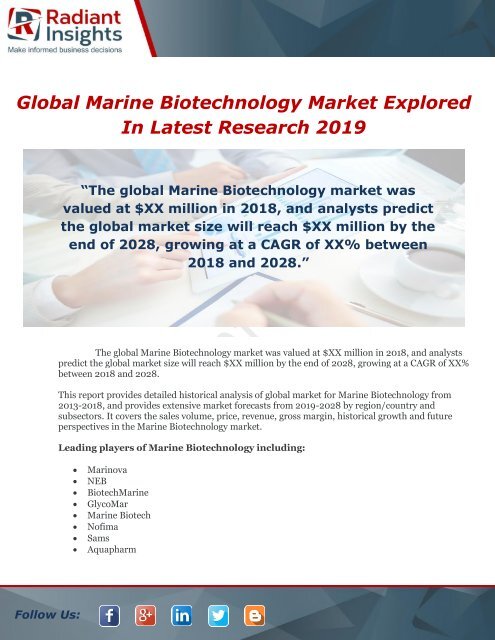 Global Marine Biotechnology Market Explored In Latest Research 2019