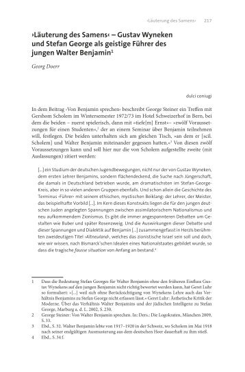 Dr. Georg Doerr:  'Läuterung des Samens' -- Gustav Wyneken und Stefan George als geistige Führer des jungen Walter Benjamin