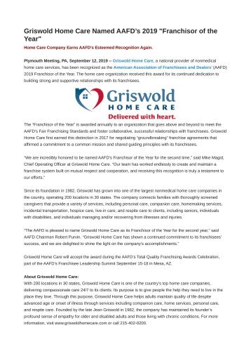 Griswold Home Care Named AAFD’s 2019 "Franchisor of the Year"