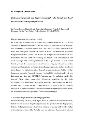 Dr. Georg Doerr mit  Hubert Mohr:  Religionswissenschaft und Kulturwissenschaft --- Die 'Schule von Rom' und die deutsche Religionsgeschichte