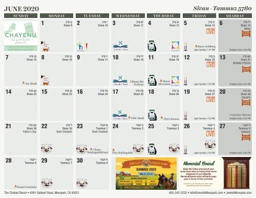 PROGRAM GUIDE AND JEWISH CALENDAR - CHABAD @ THE RANCH, MOORPARK