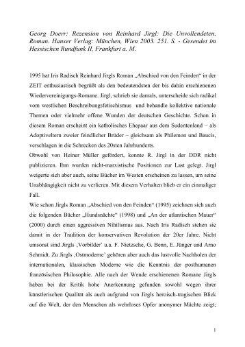 Dr. Georg Doerr -- Rezension von Reinhard  Jirgl: Die Unvollendeten. Roman. Hanser: München/ Wien 2003.