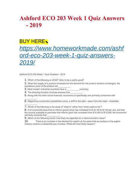 Ashford ECO 203 Week 1 Quiz Answers - 2019