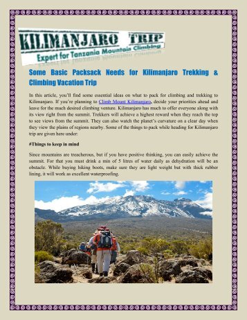 Some Basic Packsack Needs for Kilimanjaro Trekking