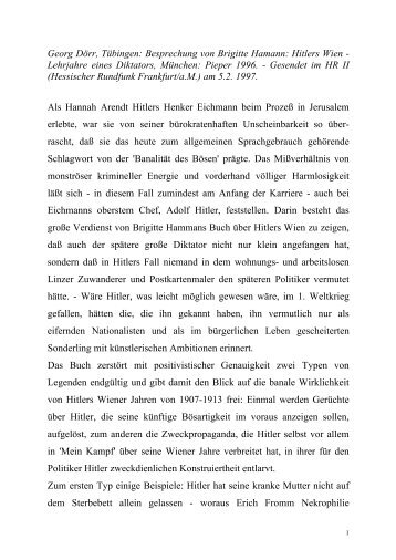 Dr. Georg Doerr -- Rezension von Brigitte Hamannn: Hitlers Wien -- Lehrjahre eines Diktators. Pieper: München 1996. 