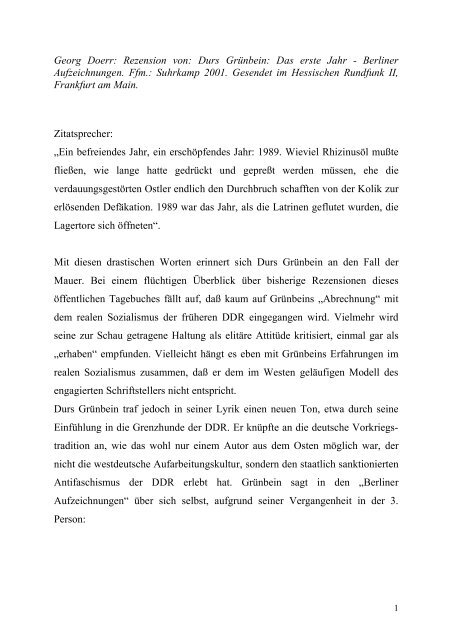 Dr. Georg Doerr -- Rezension von Durs Grünbein: Das erste Jahr -- Berliner Aufzeichnungen. Suhrkamp: Frankfurt am Main 2001. 