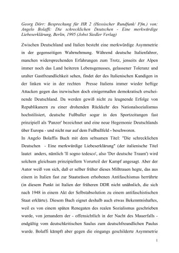 Dr. Georg Doerr -- Rezension von Angelo Bolaffi: Die  schrecklichen Deutschen -- Eine merkwürdige Liebeserklärung. Jobst Siedler: Berlin 1995.