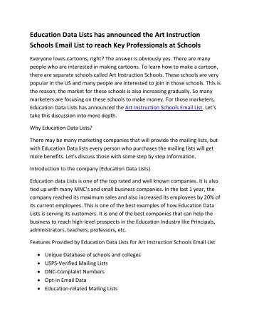 Education Data Lists has announced the Art Instruction Schools Email List to reach Key Professionals at Schools