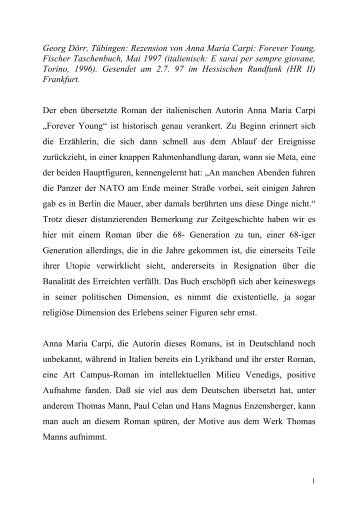 Dr. Georg Doerr -- Rezension von Anna Maria Carpi: For ever young. Roman. Rowolth: Hamburg 1997.