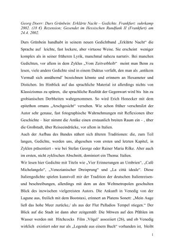 Dr. Georg Doerr - Rezension von: Durs Grünbein  -- Erklärte Nacht. Gedichte. Suhrkamp: Frankfurt am Main 2002.