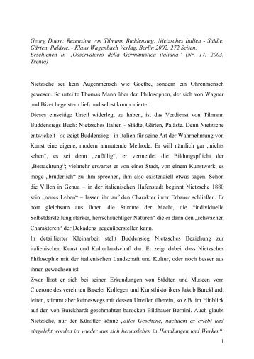 Dr. Georg Doerr -- Rezension von Tilmann Buddensieg: Nietzsches Italien -- Städte, Gärten, Paläste. Wagenbach: Berlin 2002.