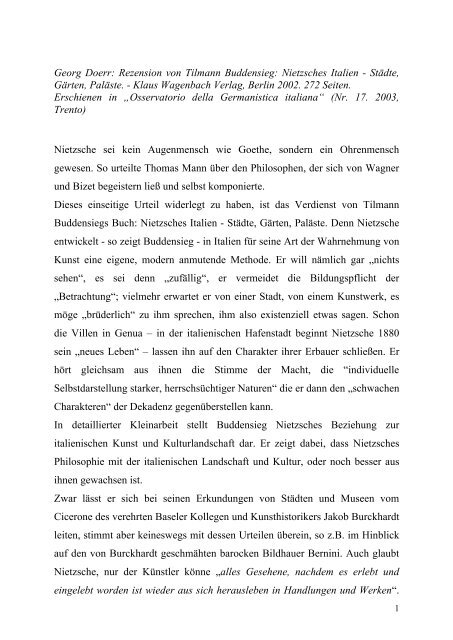 Dr. Georg Doerr -- Rezension von Tilmann Buddensieg: Nietzsches Italien -- Städte, Gärten, Paläste. Wagenbach: Berlin 2002.