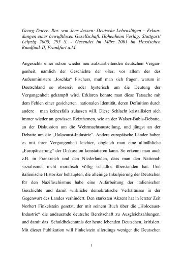 Dr. Georg Doerr -- Rezension von Jens Jessen: Deutsche Lebenslügen -- Erkundungen einer bewusstlosen Gesellschaft. Hohenheim: Stuttgart/ Leipzig 2000.