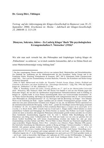 Dr. Georg Doerr:  Dionysos, Sokrates, Jahwe - Zu Ludwig Klages' Buch "Die psychologischen Errungenschaften Friedrich Nietzsches" (1926)