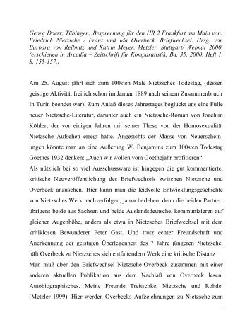 Dr. Georg Doerr -- Rezension von: Friedrich Nietzsche / Franz und Ida Overbeck. Briefwechsel. Metzler: Stuttgart/Weimar 2000.
