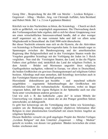 Dr. Georg Doerr -- Rezension von: Lexikon Metzler "Religion" - Gegenwart – Alltag – Medien. Hg. von Christoph Auffarth u.a.. Bd. 1 u. 2 (von 4 geplanten Bänden). J. B. Metzler: Stuttgart 1999ff.