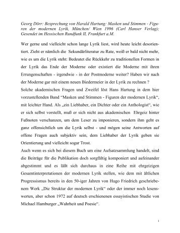 Dr. Georg Doerr -- Rezension von: Harald Hartung -- Masken und  Stimmen:  Figuren der modernen Lyrik. Hanser: München/ Wien 1996. 