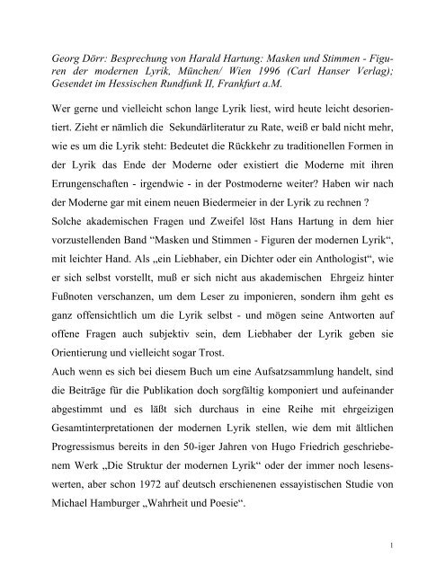 Dr. Georg Doerr -- Rezension von: Harald Hartung -- Masken und  Stimmen:  Figuren der modernen Lyrik. Hanser: München/ Wien 1996. 