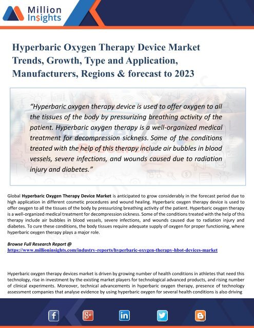 Hyperbaric Oxygen Therapy Device Market 2023: New Developments, Opportunities, Trends, Industry Players