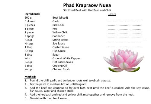 THAI COOKING CLASS RECIPE BOOK