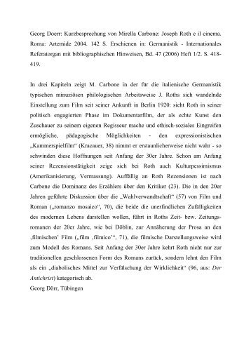 Dr. Georg Doerr -- Kurzbesprechung von Mirella Carbone:  Joseph Roth e il cinema. Artemide: Roma 2004.