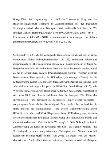 Dr. Georg Doerr -- Kurzbesprechung von: Hölderlin Texturen 4. Hg. von der Hölderlin-Gesellschaft Tübingen (Ulrich Gaier) ... : ... Wo sind jezt Dichter? Homburg, Stuttgart 1798-1800. 