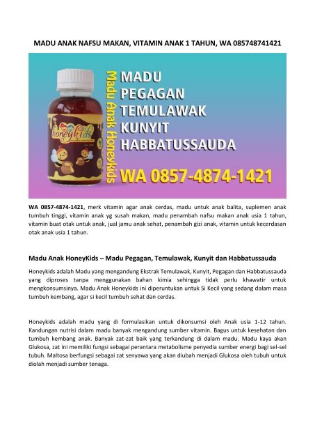 Vitamin Anak Biar Gemuk Sehat, Madu Anak 2 Tahun, WA 085748741421