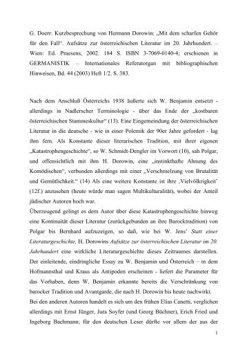 Dr. Georg Doerr -- Kurzbesprechung von Hermann Dorowin:  „Mit dem scharfen Gehör für den Fall“ -- Aufsätze zur österreichischen Literatur im 20. Jahrhundert. Ed. Praesens: Wien 2002.