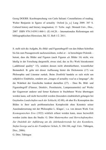 Dr. Georg Doerr -- Kurzbesprechung von Carlo  Salzani: Constellations of reading. Walter Benjamin in figures of actuality. Lang: Oxford [u.a.] 2009.