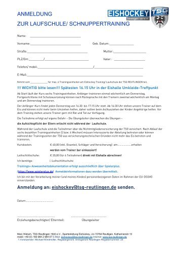 Anmeldung Laufschule/ Schnupperkurs Eishockey TSG Reutlingen