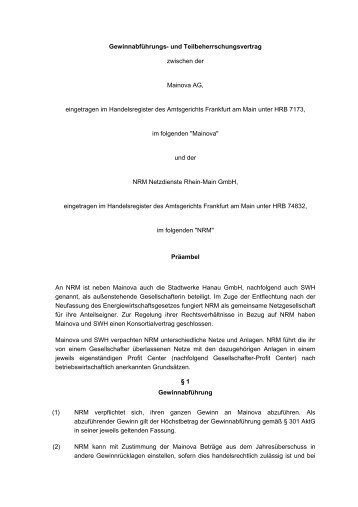Gewinnabführungs- und Teilbeherrschungsvertrag - Mainova AG