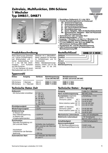 1 Wechsler Typ DMB51, DMB71 Zeitrelais, Multifunktion, DIN-Schiene