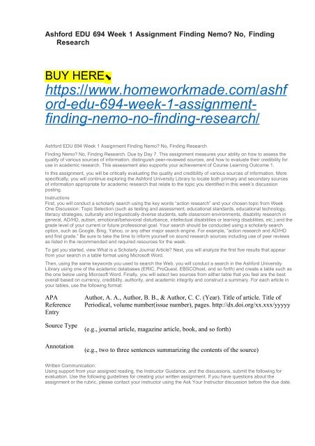 Ashford Edu 694 Week 1 Assignment Finding Nemo No Finding Research