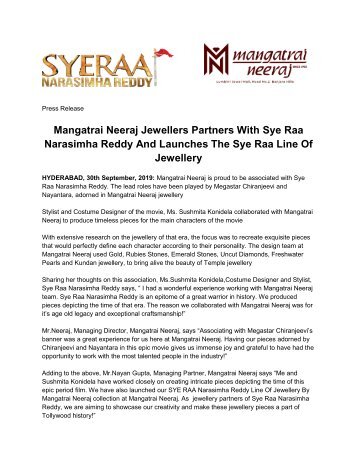 Mangatrai Neeraj Jewellers Partners With Sye Raa Narasimha Reddy And Launches The Sye Raa Line Of Jewellery