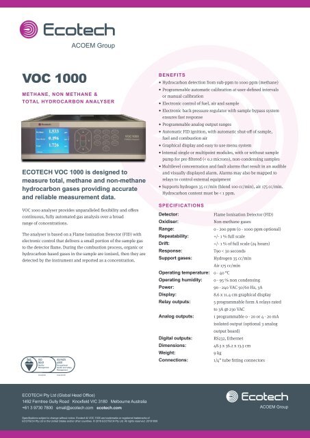 ECOTECH VOC 1000 Methane Analyser spec sheet