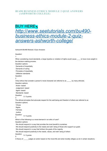 BU490 BUSINESS ETHICS MODULE 2 QUIZ ANSWERS (ASHWORTH COLLEGE)