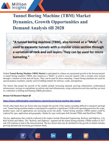 Tunnel Boring Machine (TBM) Market Dynamics, Growth Opportunities and Demand Analysis till 2028