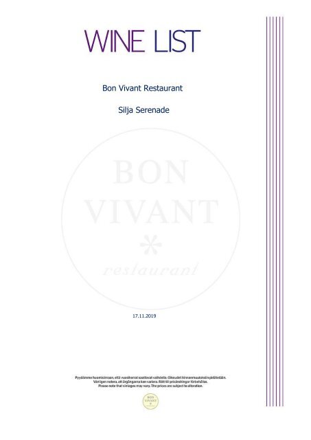 Serenade Bon Vivant -ravintolan viinilista